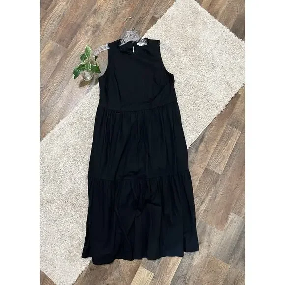 J.crew Size 0 Black Ruffled Neckline Tiered Sleeveless Keyhole Poplin Midi Dress - Picture 1 of 6